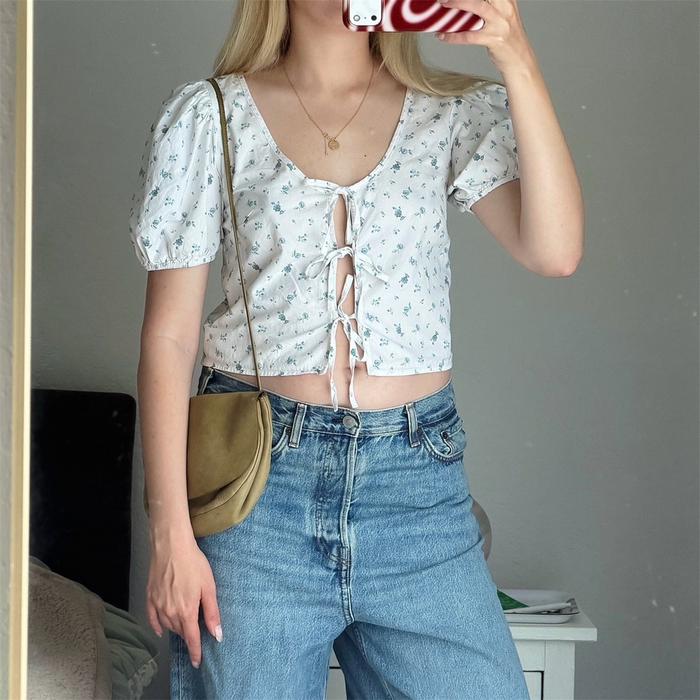 Abound White Floral Tie-Front Top